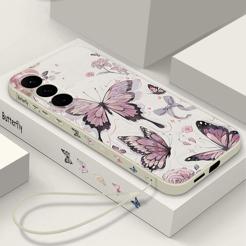 Soft TPU Lanyard Case For Samsung Galaxy S26 S24 S25 Ultra S23 S24 FE A17 A56 A55 A36 A15 A16 A25 5G Purple Butterfly Back Cover