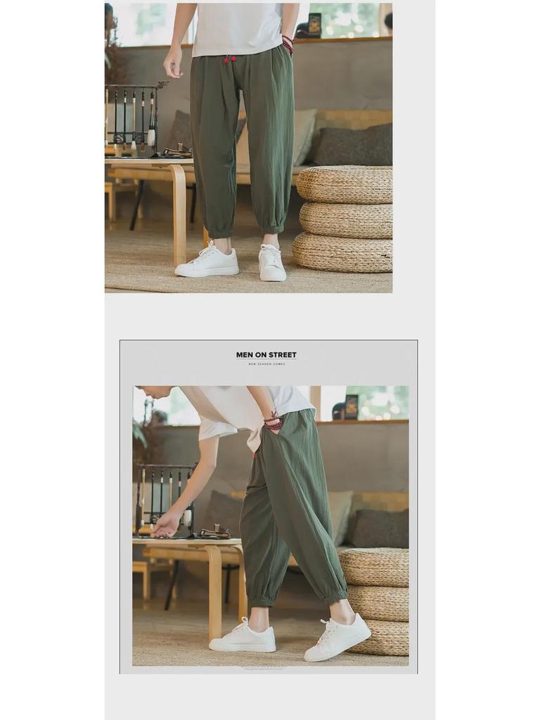 Мужские широкие шаровары из хлопка и льна в китайском стиле — летние тонкие манжеты, свободный крой, размер плюс, длина девять точек.