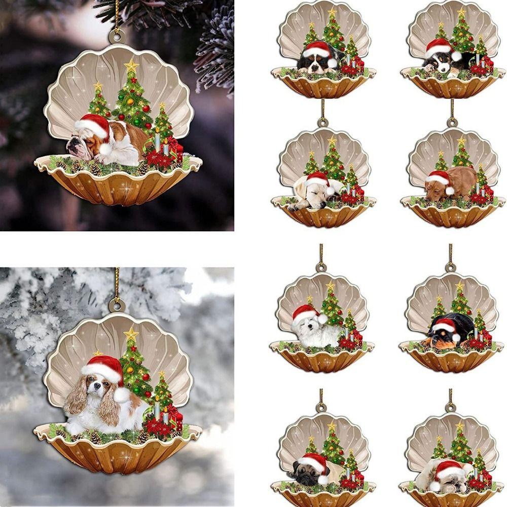 Decorative Shell Sleeping Dog Christmas Ornament 2D Xmas Dog Keychain Christmas