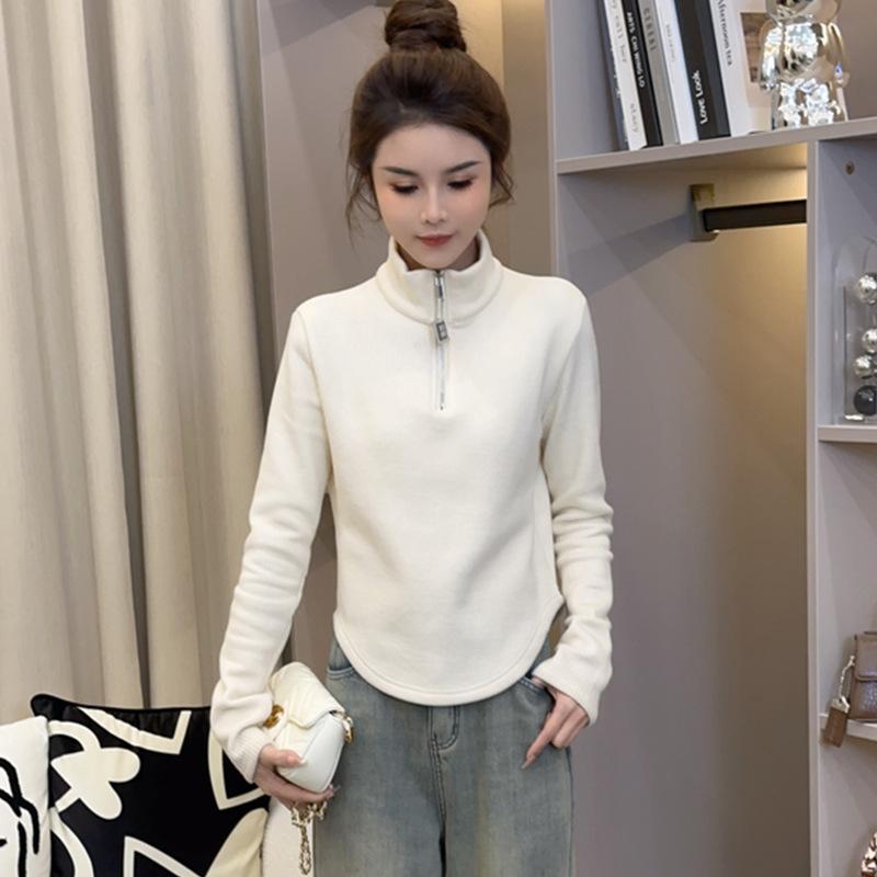 Женская базовая футболка с высоким воротником на молнии, утолщенная, для осени и зимы, облегающий и универсальный дизайн, топ, футболка с длинным рукавом для поездок