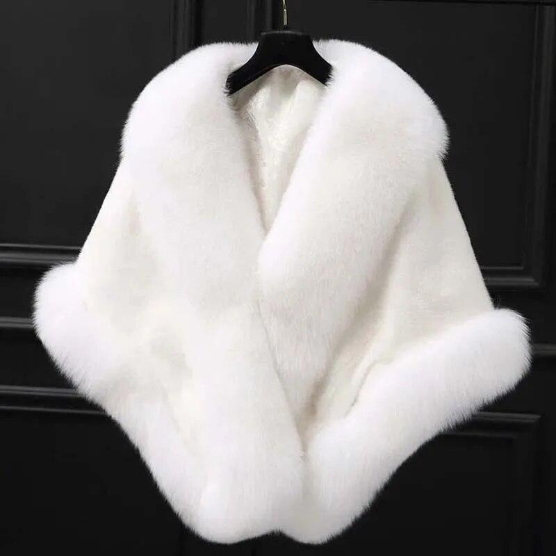 Женское пальто с воротником из лисьего меха из искусственного меха, плащ-пончо, платье, шаль, сохраняющий тепло шарф, осень и зима