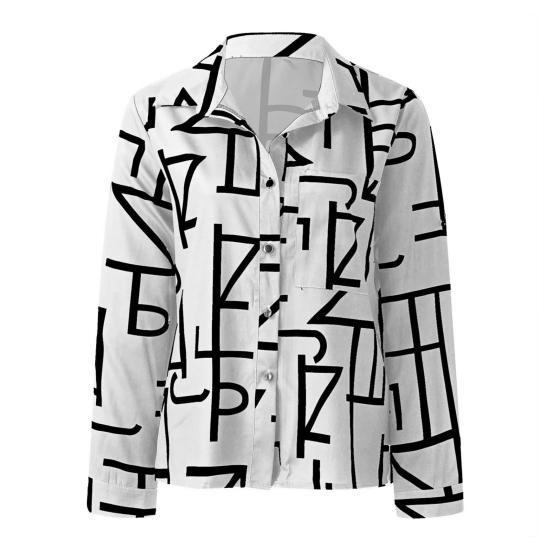 Women Summer Shirt Lapel Long Sleeve Shirt Geometric Pattern Slim Fit Tops Single Breasted Shirt Streetwear