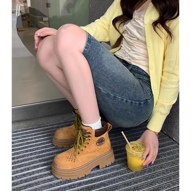 European matte cowhide stacking boots women's 2025 autumn wear short boots versatile casual fashion retro high-top Martin boots tide
