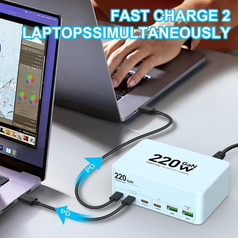 Multi Port Fast Charging Station 220W Power Adapter with Type C & USB Port Allows 6 Devices Simultaneously Charging