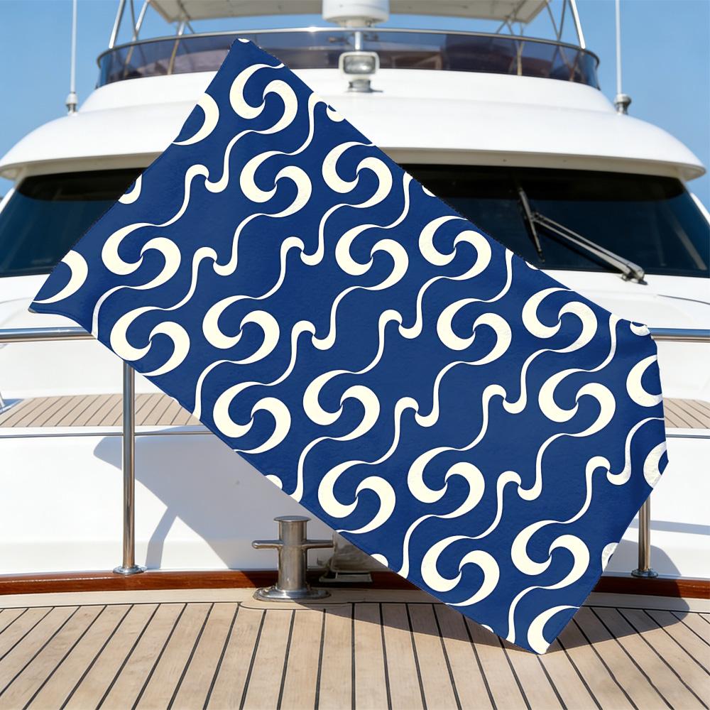 Japanese Wave Pattern Beach Towel – Oversized Quick Dry Sand Free with Navy Blue & Cream Print