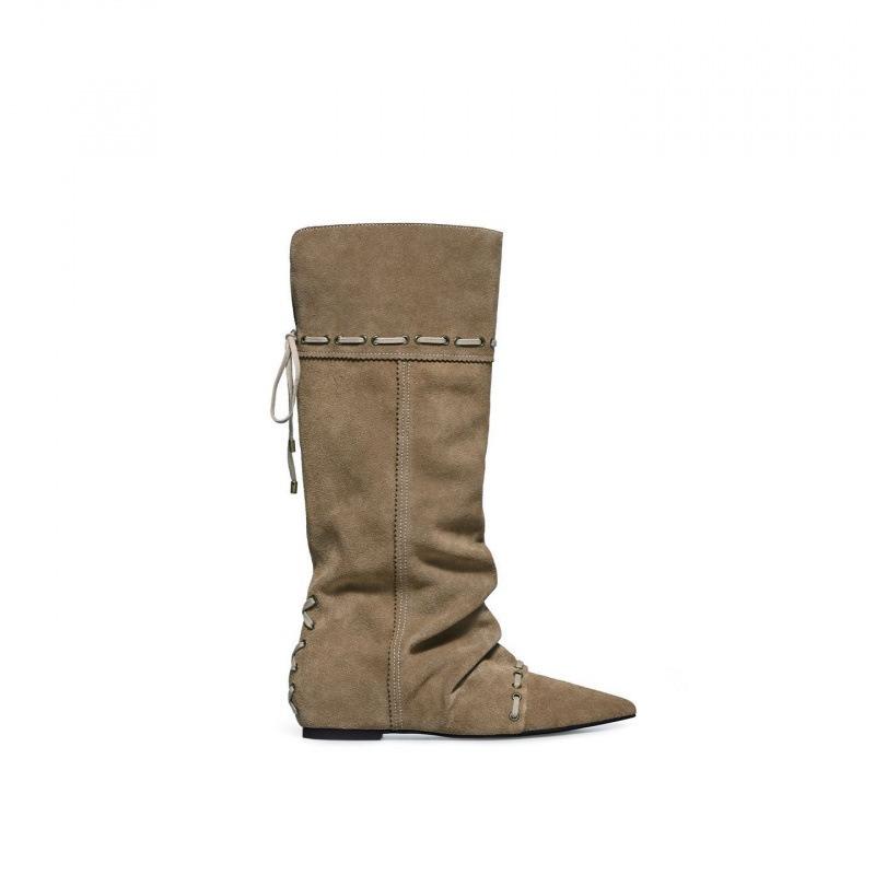 Lambskin~ New Inner Height-increasing Boots Pleated Knight Boots Women's Folding Two Wear Western Cowboy Boots Women's Boots