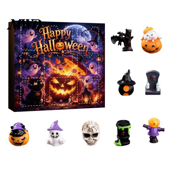 Holiday Gift Box Halloween Advent Calendar with 9 Mini Resin Figures, Day Spooky Countdown Desktop Decorations to Calendar, Surprise Collectible
