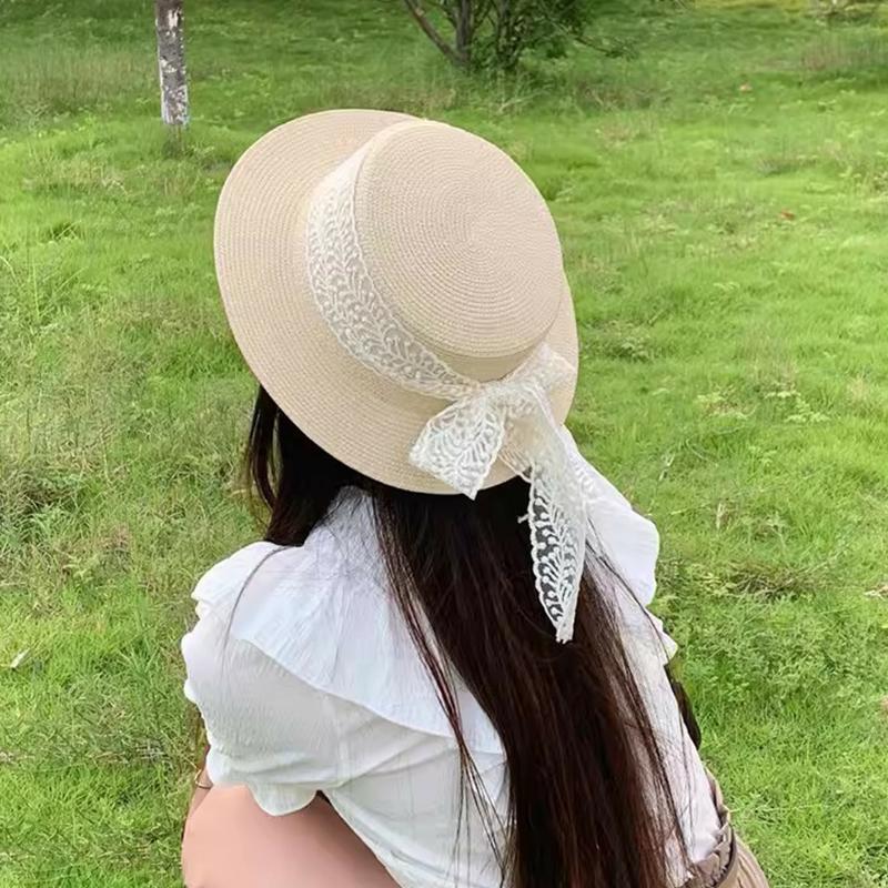 Summer Beach Straw Hat For Women Lace Bow Wide Brim Sun Protection Hat Travel Fashion Vacation Sunscreen Cap Mountaineering Hat