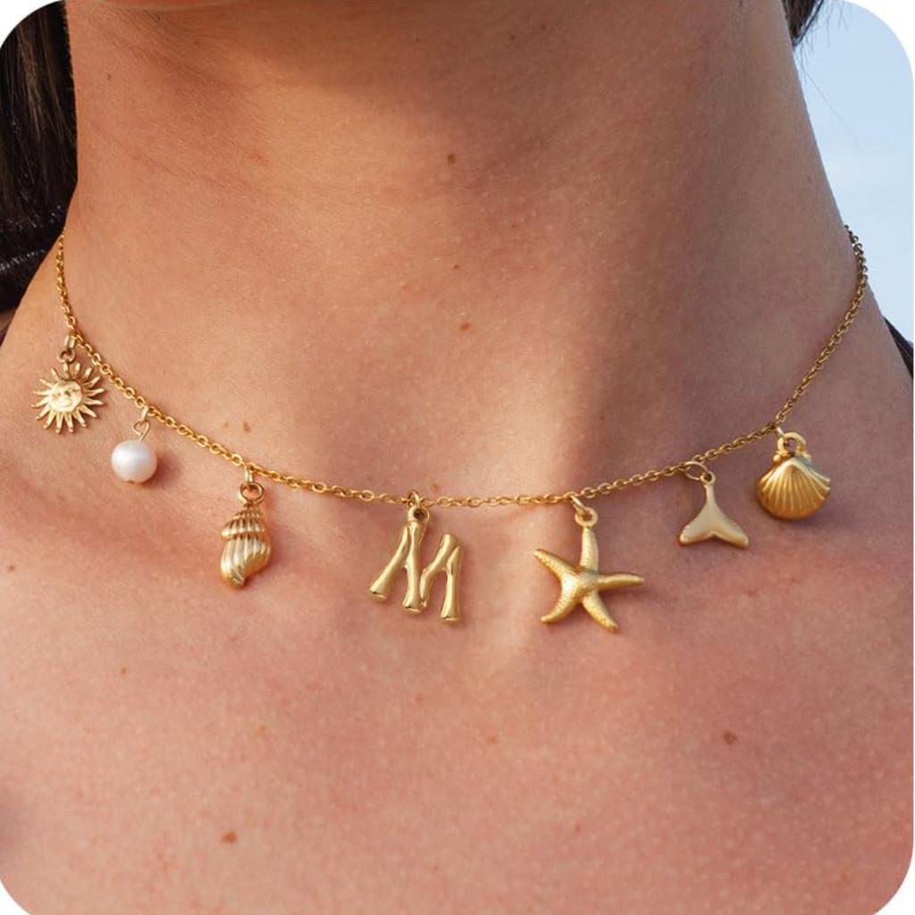 MHS.SUN Starfish Shell Initial Necklace Waterproof 18K Gold Plated Stainless Steel Charm Necklaces Surfer Girl Summer Beach Gift