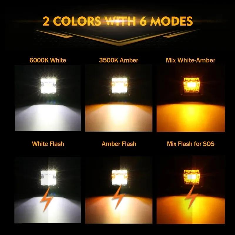 AUXBEAM 3Inch 72W LED Square Work Light Pod Dual Color 6 Lighting Modes Driving Lamp for Truck Pickup Offroad