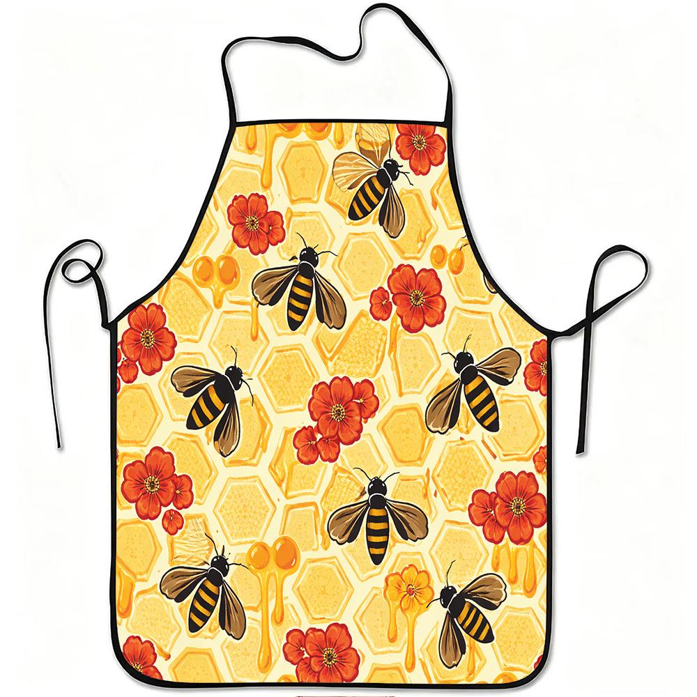 1pc Honey Bee & Honeycomb Apron with Bee Print - Adjustable Waistband, Durable Easy-Clean Polyester Suitable for Kitchen Cooking, Gardening, Beekeepin