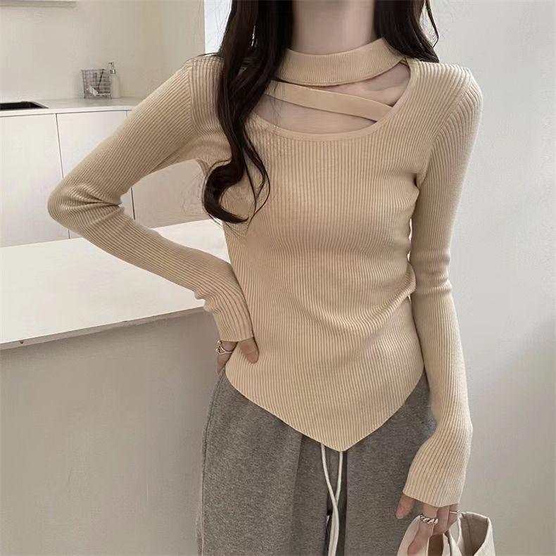 Осень и зима Приталенный свитер с круглым вырезом и висячей горловиной, вязаный свитер, женский асимметричный топ с длинными рукавами
