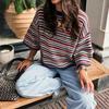 Womens Striped Knit Sweater Loose Fit Batwing 3/4 Sleeve Casual Top
