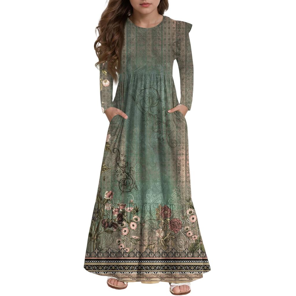 Платье с многоярусными оборками для девочек - Макси с длинным рукавом и принтом, с карманами