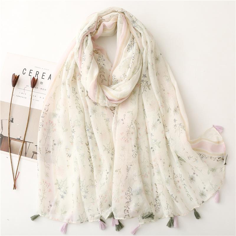 Spain Lovely Polka Floral Line Tassel Viscose Shawl Scarf Lady High Quality Wrap Thin Pashmina Stole Muslim Hijab 180*90Cm