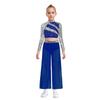 Girls Dance Two Piece Set Mock Neck Long Sleeved Sequins Cutout Back Crop Top with Chiffon Pants