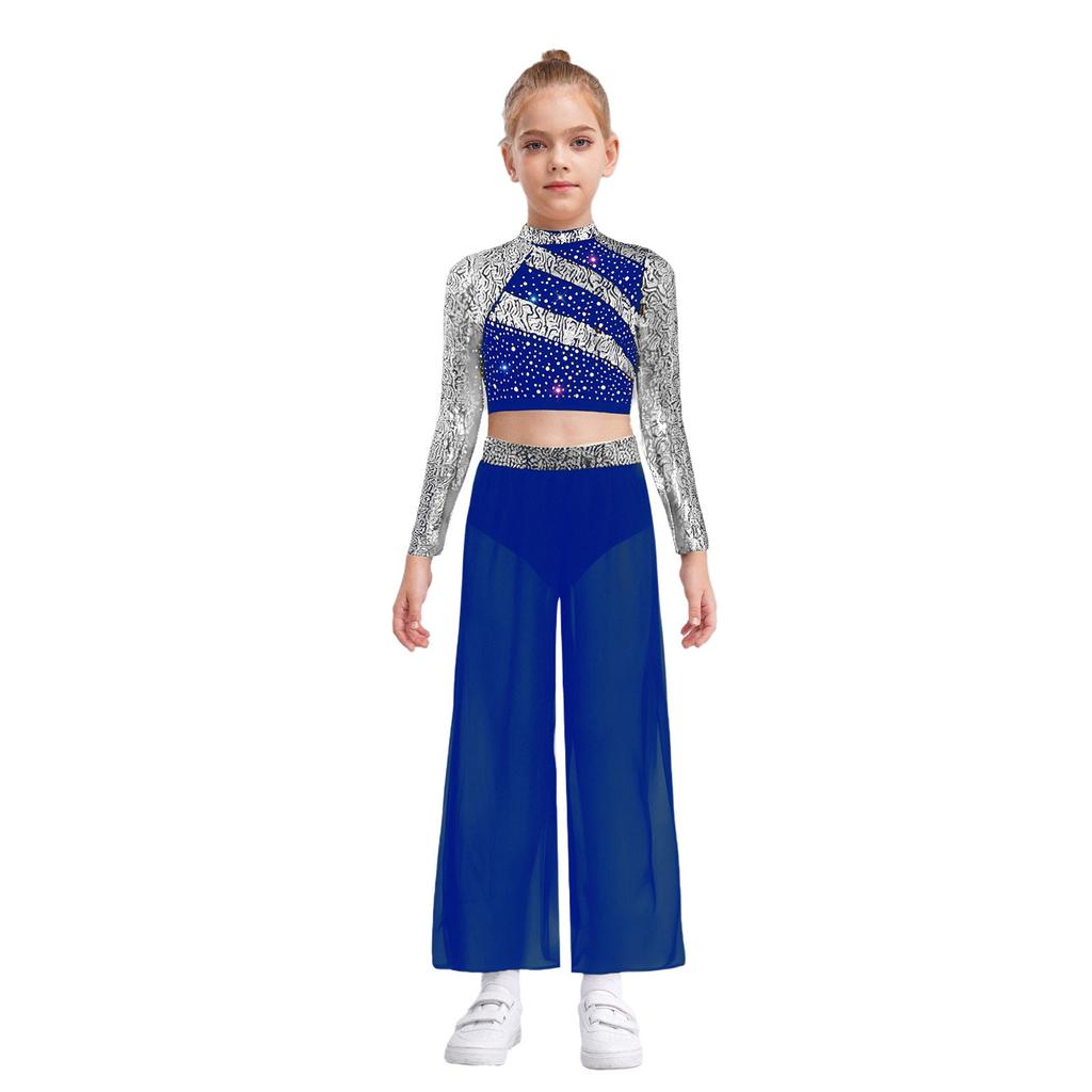 Girls Dance Two Piece Set Mock Neck Long Sleeved Sequins Cutout Back Crop Top with Chiffon Pants
