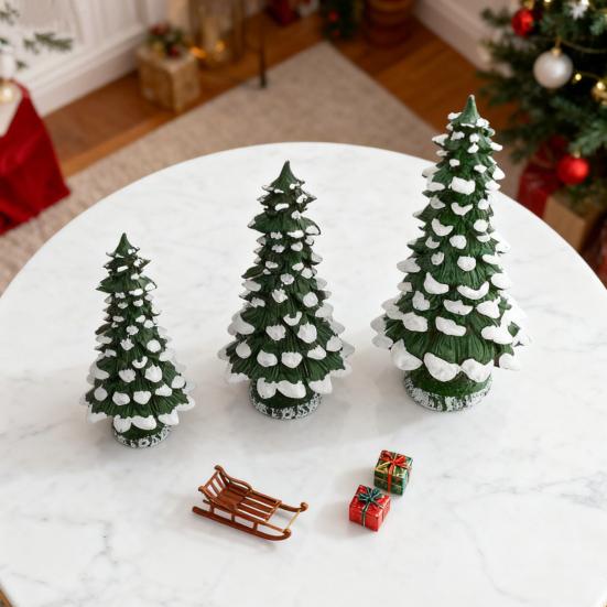 15/20/25CM Mini Christmas Tree Ornament Miniature Snow Xmas Tree Resin Statue Figurine Home Office Holiday Party Decoration