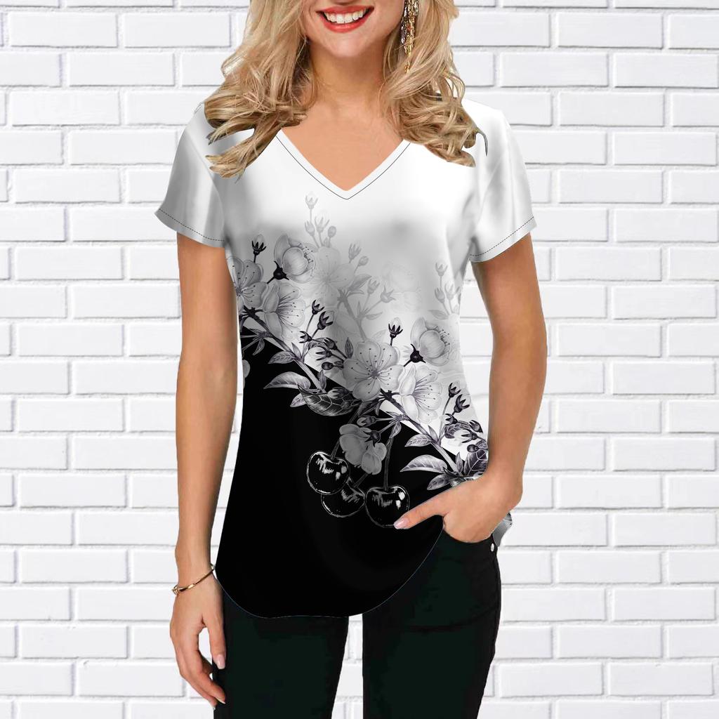 Women's V-Neck Short Sleeve Sunflower Grey White Begonia Flower Printed Tops Loose T-Shirt Casual Blouse