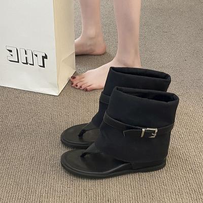 Меццанин сандалии женские летние новые танкетка внутренняя увеличивающая рост строчка ткань высокий верх крутые ботинки ретро маленькие высокие туфли