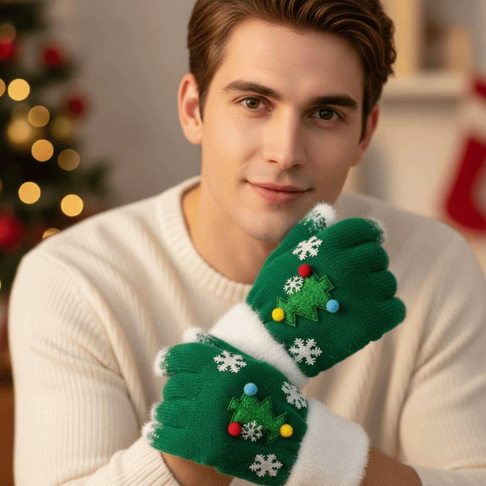 Red Green Winter Knit Mittens Knitted Woolen Full Finger Gloves Christmas Gloves Party Wear