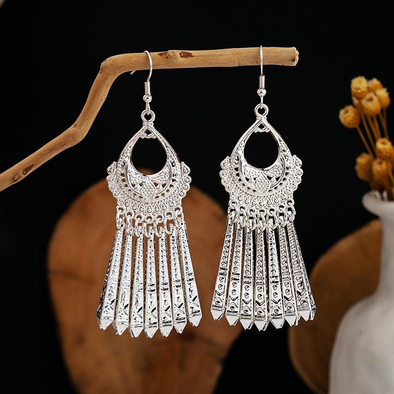 Bohemian Long Leaf Tassel Earrings - Imitation Silver, Miao Ethnic Style