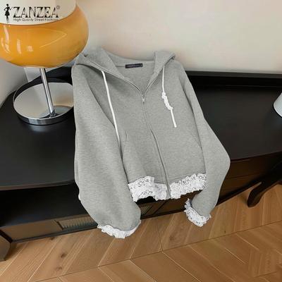 Женские повседневные худи с длинным рукавом, кружевной вставкой и молнией