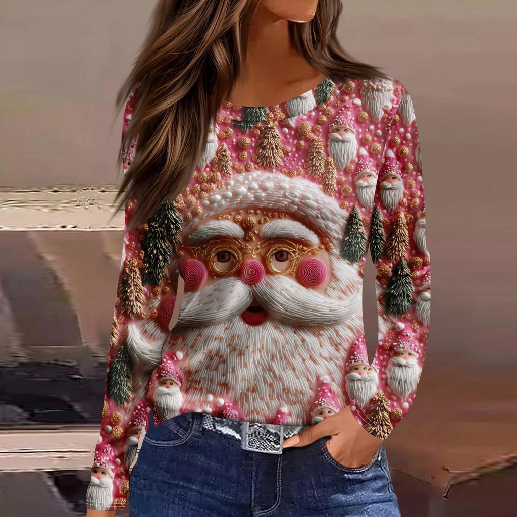 Women's Fashion Hem Slit Casual Christmas Printed Round Neck Long Sleeve Top