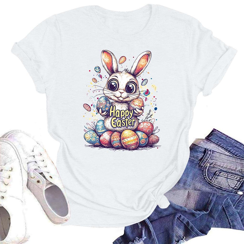 Happy Easter Women's Fashion Printed Round Neck Short Sleeve T-Shirt Pullover Top