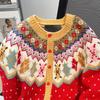 Женский кардиган в рождественском стиле, красный, однобортный, с круглым вырезом, вязаный, полосатый жаккардовый, осенняя женская верхняя одежда