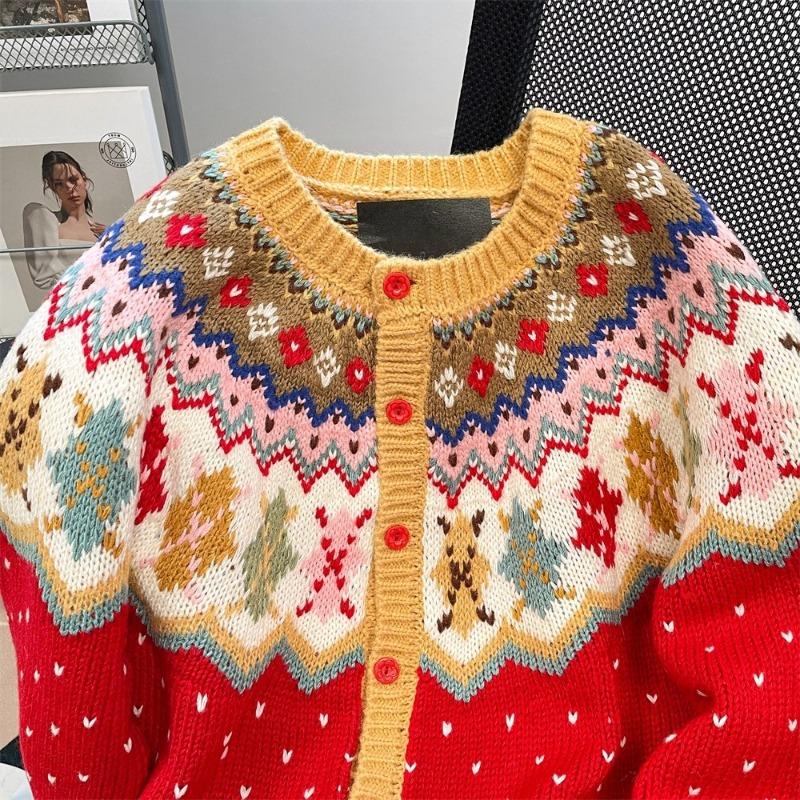 Женский кардиган в рождественском стиле, красный, однобортный, с круглым вырезом, вязаный, полосатый жаккардовый, осенняя женская верхняя одежда