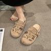 Inwardly Height-increasing Shoes Half-slippers with Toe Caps Retro Lazy Shoes for Women Cute Flip-flops with Holes