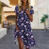 Women's Casual Fashion Lapel Floral Print Dress Short Sleeve V Neck Short Skirt