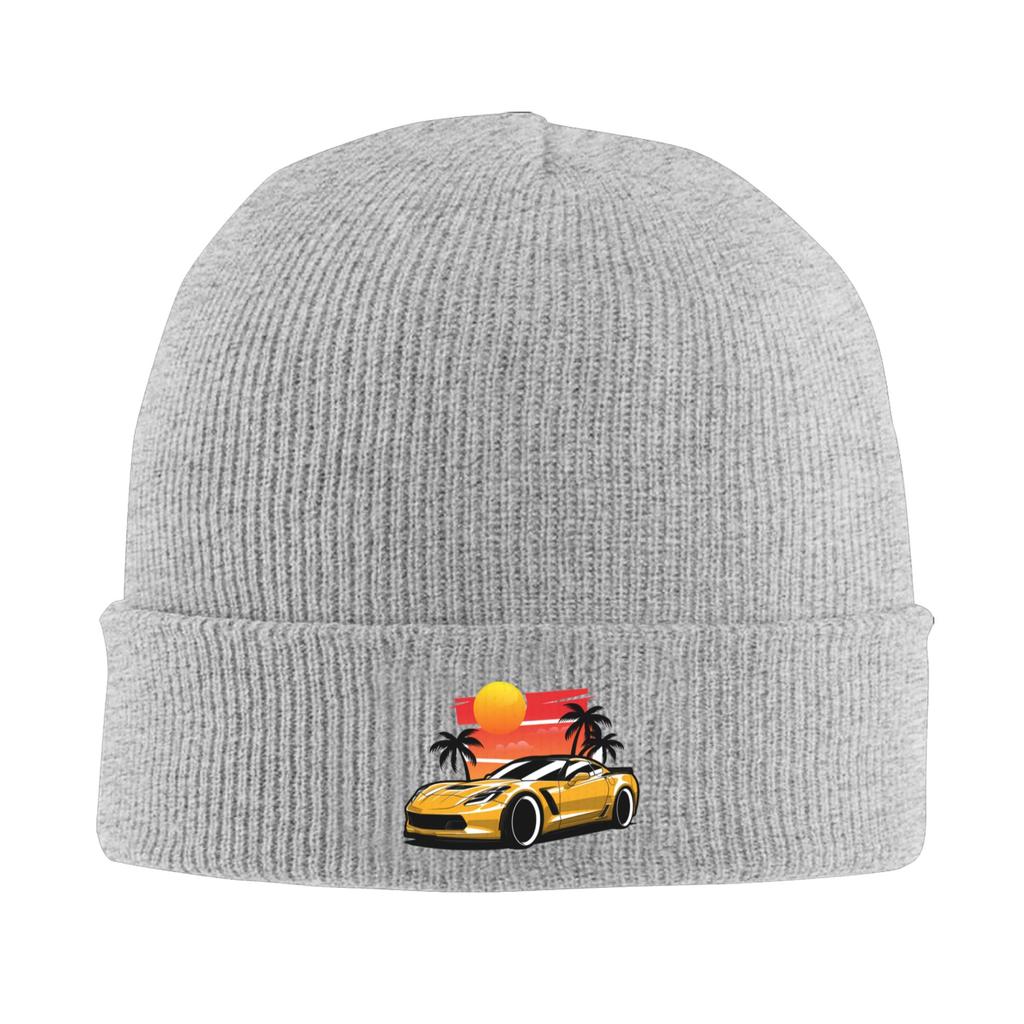 Желтый Corvette Z06 Закат Пальмы Зимние Шапки Бини Шляпа Теплые Осенние Вязаные Шапки Капюшоны для Женщин Мужчин