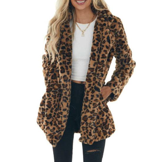 Fall Winter Women Coat Thick Plush Leopard Print Lapel Long Sleeve Windproof Cold-proof Mid Length Pockets Cardigan Lady Loose Overcoat