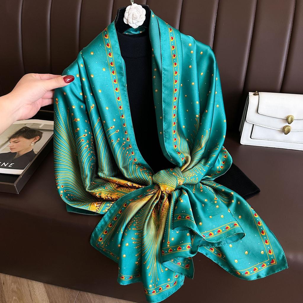 Long Silk Scarf Spring and Summer Thin Style Printed Scarf Beautiful Brocade Lotus Shawl Imitation Silk Scarf Gauze Scarf