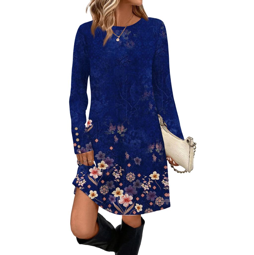 Women's Fashion Casual Dress With Pocket Decorative Buttons, Round Neck And Long Sleeves