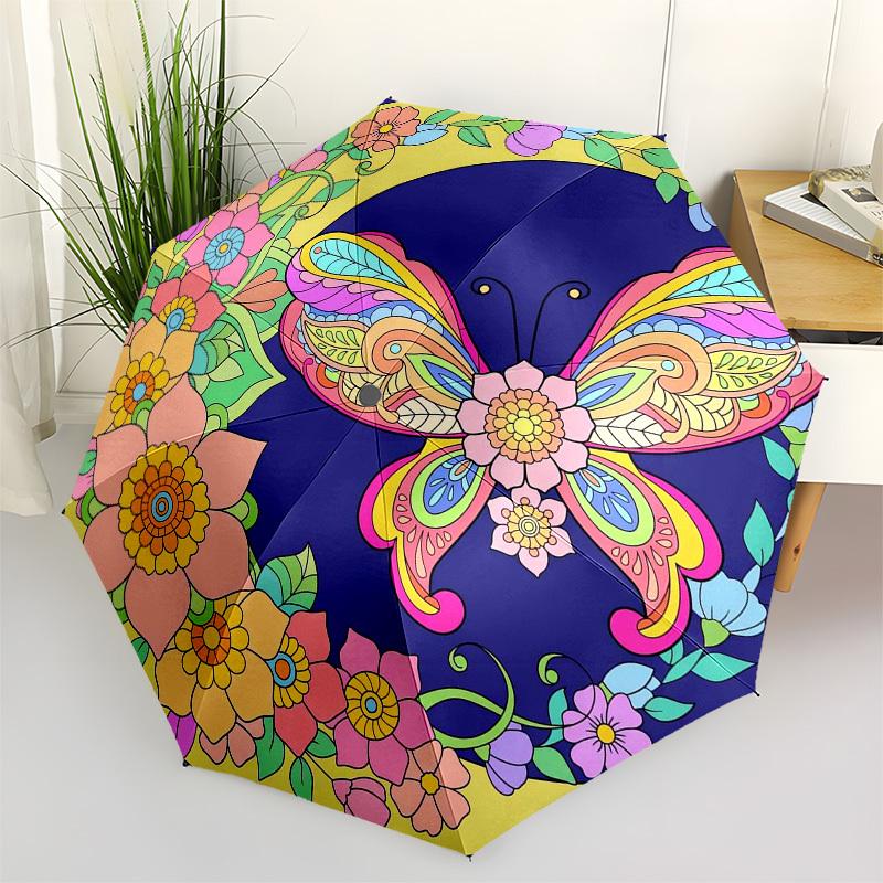 1pc Butterfly Flowers Mandala Artwork Umbrella with Plastic Handle,Vibrant Cartoon Pattern,Multi-functional UmbrellaPT059