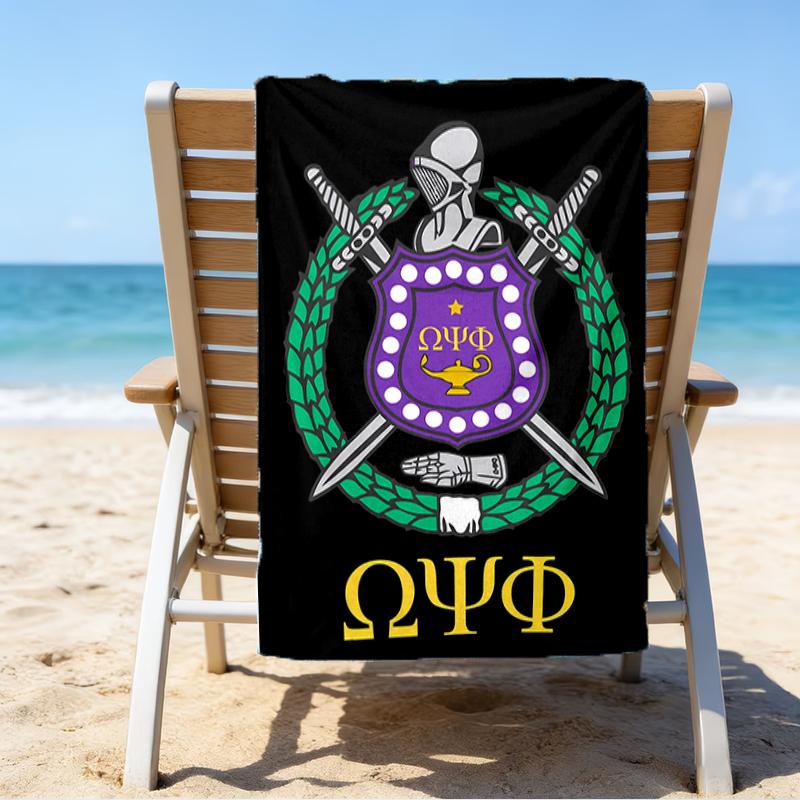 proof beach towel with a Omega Psi Phi pattern - soft,absorbent,quick-drying,machine washable - perfect for swimming,camping,bathing