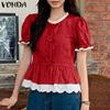 VONDA Женские летние блузки с круглым вырезом и короткими рукавами, кружевным подолом
