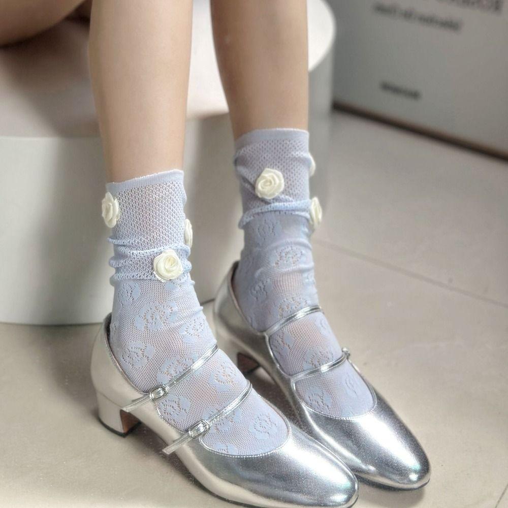 Multicolor Rose Mesh Socks Balletcore Calf Socks Versatile Women Socks  Spring Summer