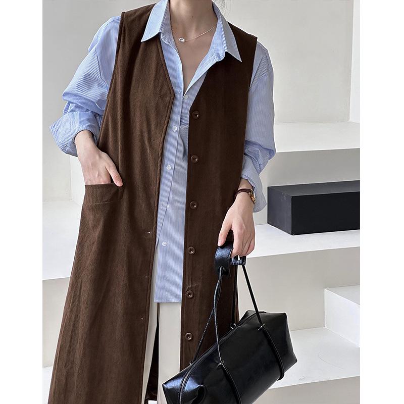 Autumn 2024 Orange Zhi Korean Style Red Single-Breasted Mid-Length Vest with Large Pockets