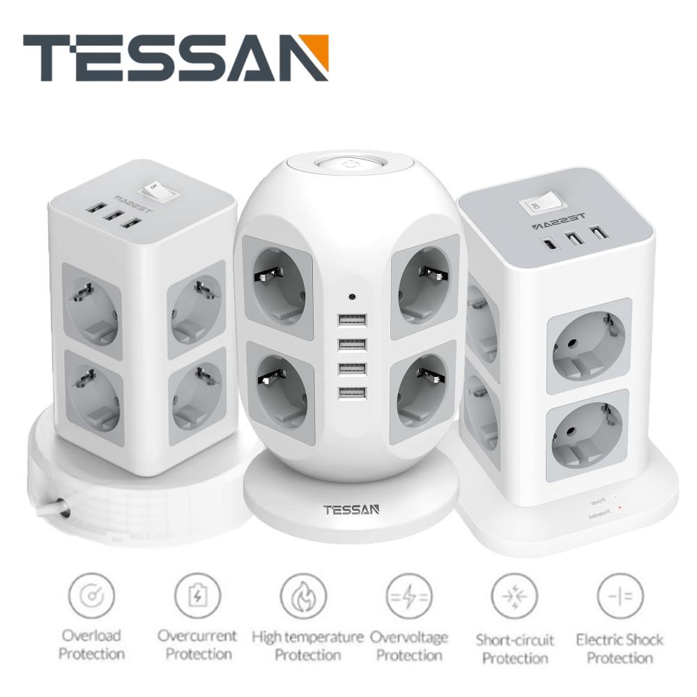 Tessan Башня с несколькими розетками и 3/4 USB-портами, удлинительный кабель 2 м, вертикальная вилка, электрическая розетка, защита от перенапряжения для дома
