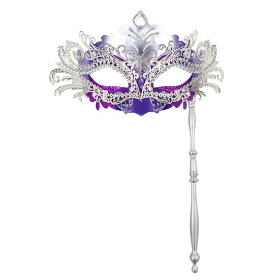 Fancy Party Masque Metal Masque with Handheld Stick Half Face Venetian Masque with Rhinestones for Women Men Prom Ball Mardi Gras Masquerade