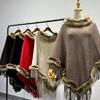 Women's Plus Size Knitted Cardigan: Irregular Batwing Sleeve Cape with Imitation Fox Fur Collar and Tassel Detail.