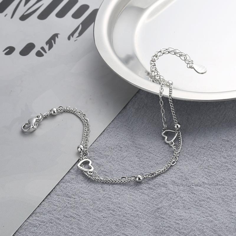 Серебряный браслет S925 из серебра 925 пробы, браслет «Сладкая любовь» для женщин, двухслойный дизайн, круглый браслет из полой бусины в форме сердца, регулируемый