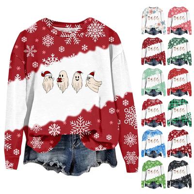 Женская мода рождественский принт длинный рукав свободный круглый вырез толстовка топ осень