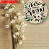 2D Flat 20*20cm1pc Hello Spring Green Leaves and Flowers Patterns Wooden Hanging Sign Spring Rustic Round Art Plaques Sign for Toilet Home Living Room