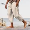 Men Cropped Pants Drawstring Elastic Waist Solid Color Loose Pockets Split Deep Crotch Soft Breathable Summer Vacation Beach