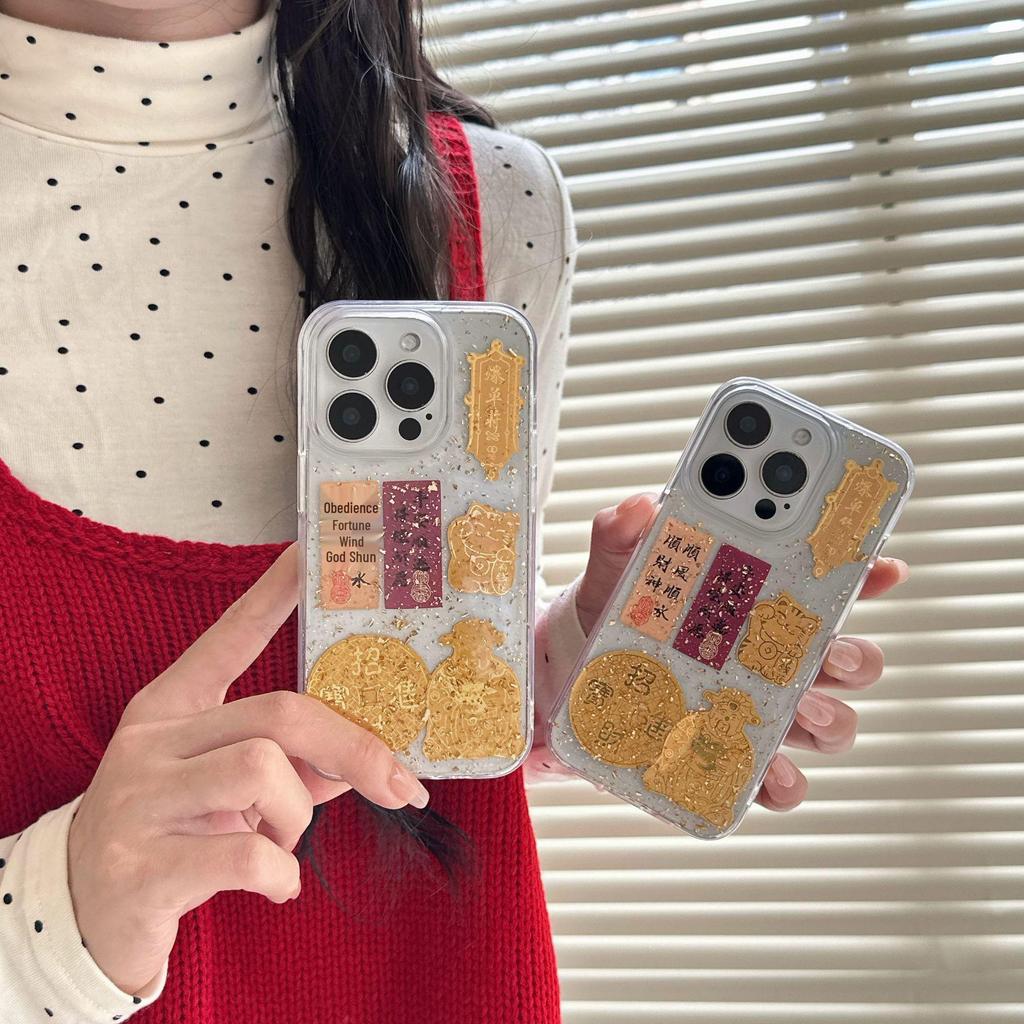 Китайский Бог Богатства Золотая Фольга Эпоксидный Чехол для Телефона для iPhone 13, 14, 15, 16 Pro Max & 17 Air - Ударопрочный Дизайн
